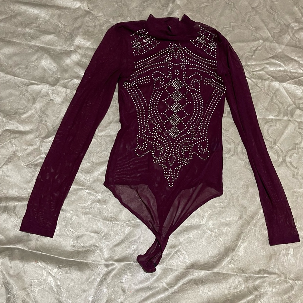 Fashion House Burgundy Sheer Bodysuit